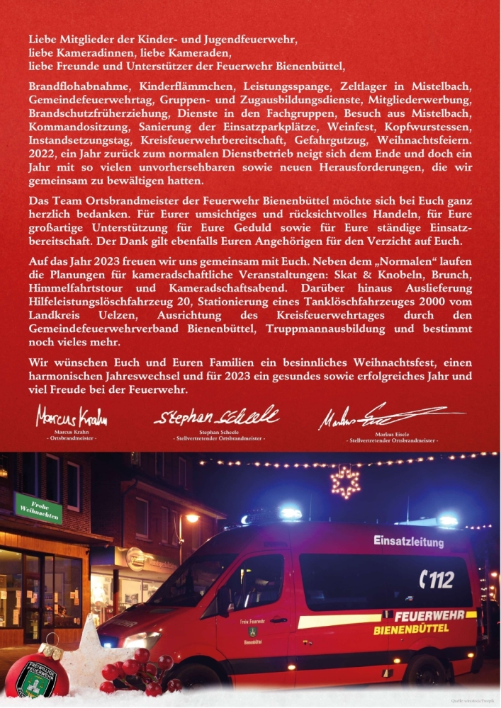 Weihnachtsgruß Feuerwehr Bienenbüttel 2022 web